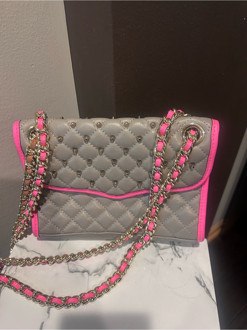 Rebecca Minkoff Gray Quilted Crossbody with Hot Pink Trim